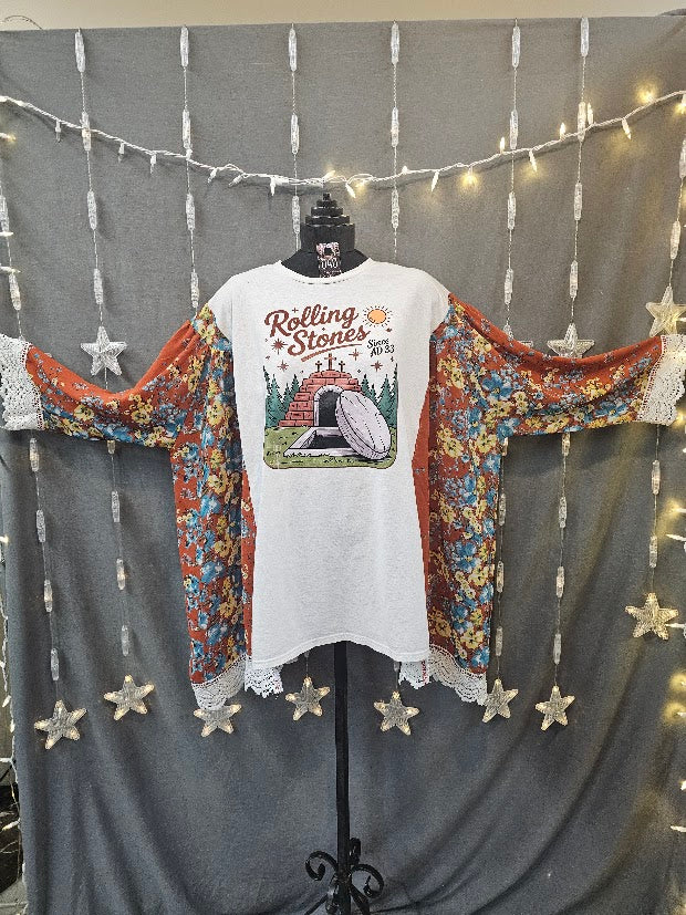 #40 Rolling Stones "Since AD 33" Jesus Upcycled Kimono Sleeve Tee OSFM