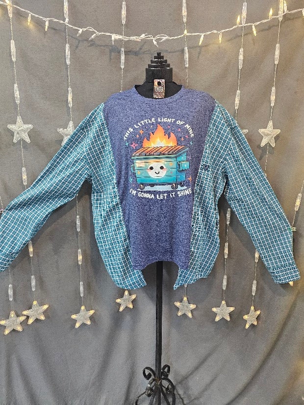 #69 Dumpster Fire Campfire Tee — Upcycled Plaid Flannel Sleeve XL