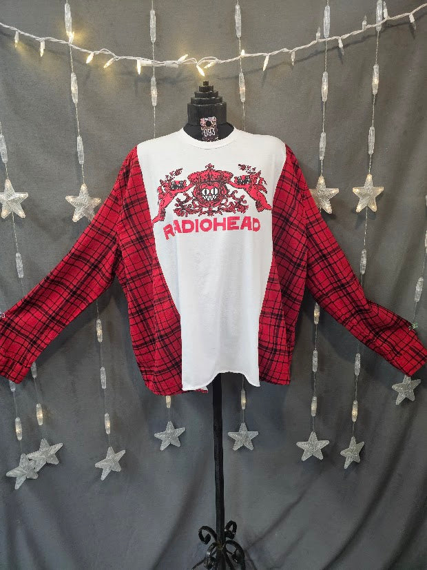 #93 Radiohead Upcycled Campfire Tee — Red Plaid Flannel Sleeves M-XL