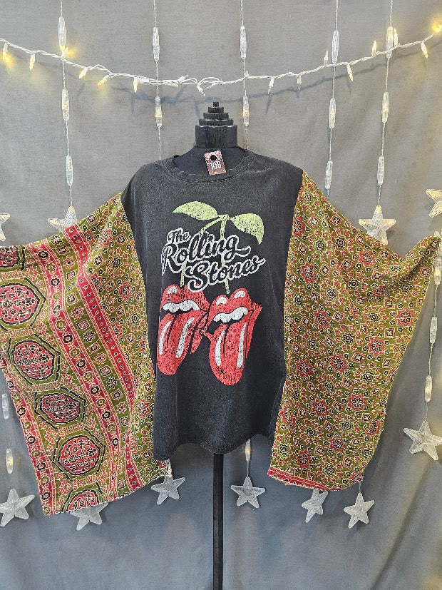 #106 Rolling Stones Kantha Poncho Style Upcycle — Earthy Geometric Panels OSFM