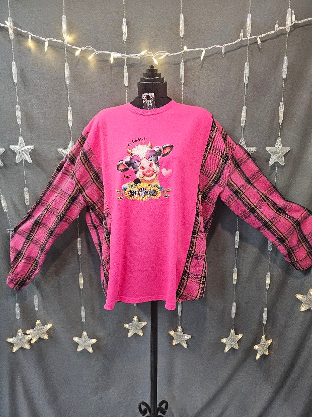 #114 "Oh Honey I Am That Heifer" Upcycled Campfire Tee — Pink Plaid Flannel Sleeves L - XL