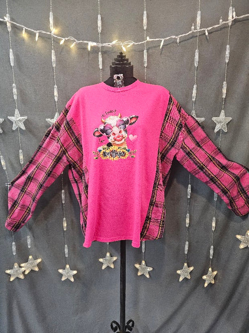 #114 "Oh Honey I Am That Heifer" Upcycled Campfire Tee — Pink Plaid Flannel Sleeves L - XL
