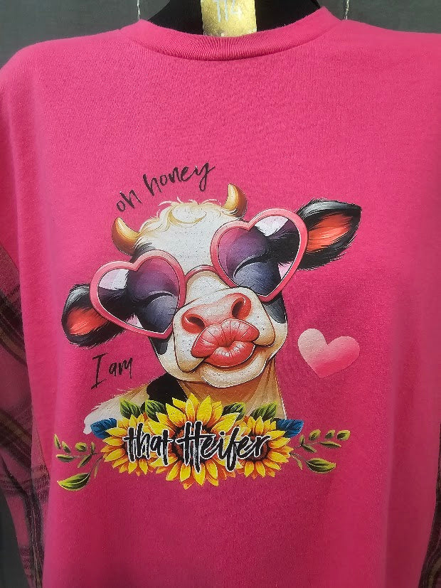 #114 "Oh Honey I Am That Heifer" Upcycled Campfire Tee — Pink Plaid Flannel Sleeves L - XL