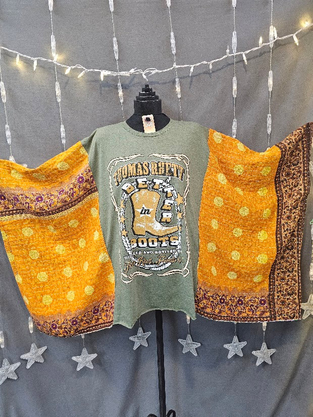 #46 Thomas Rhett "Better in Boots" Kantha Poncho Style  Upcycle — Golden Medallion Panels OSFM