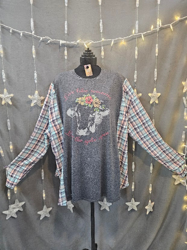 #47 "Live Life Like Someone Left the Gate Open" Upcycled Campfire Tee — Pastel Plaid Sleeves L - XL