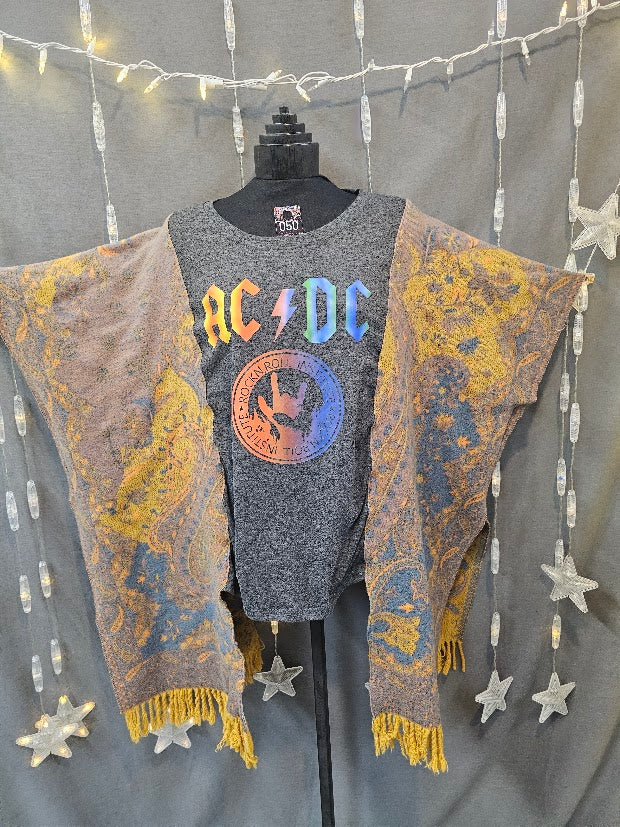 #50 AC/DC Upcycled Fringe Scarf Poncho Style— Acid-Washed Woven Panels OSFM