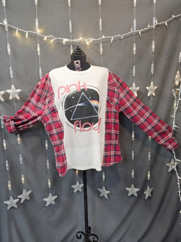 #78 Pink Floyd "Dark Side of the Moon" Upcycled Campfire Tee — Red Plaid Flannel Sleeves Med - Large