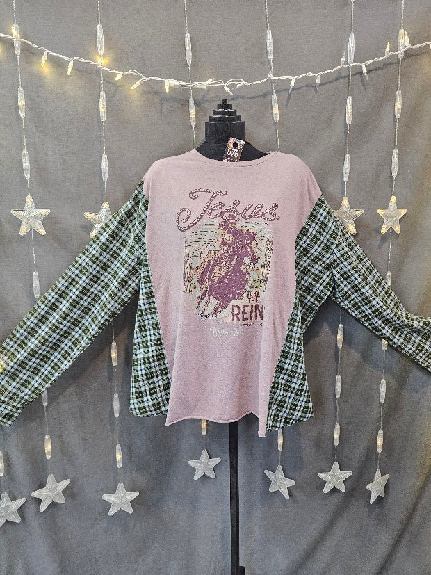 #76 "Jesus Take the Reins" Upcycled Campfire Tee — Green Plaid Flannel Sleeves Large - 1X