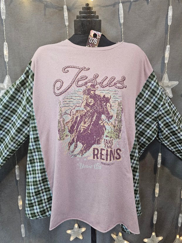 #76 "Jesus Take the Reins" Upcycled Campfire Tee — Green Plaid Flannel Sleeves Large - 1X