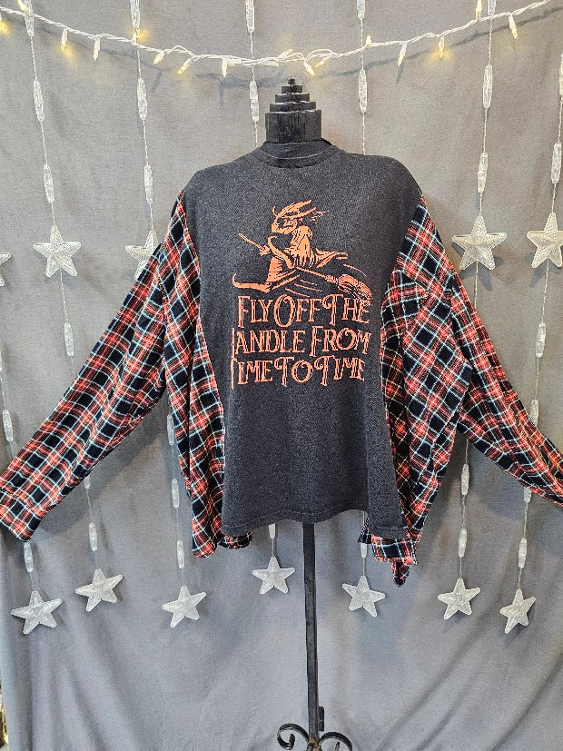 #42 Fly Off The Handle From Time To Time Flannel Sleeve Upcycled Top OSFM