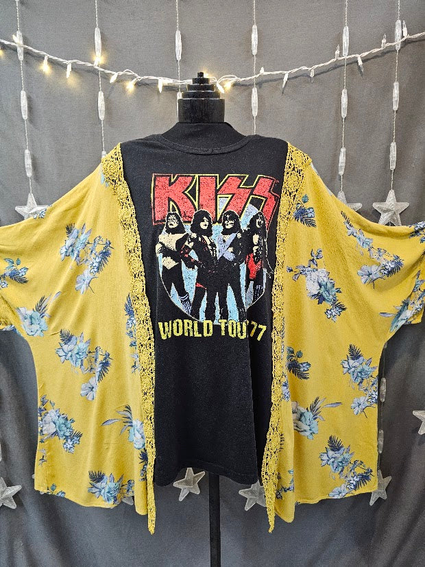 #76 KISS World Tour '77 Lace Trim Kimono Sleeve Poncho Upcycled Top OSFM