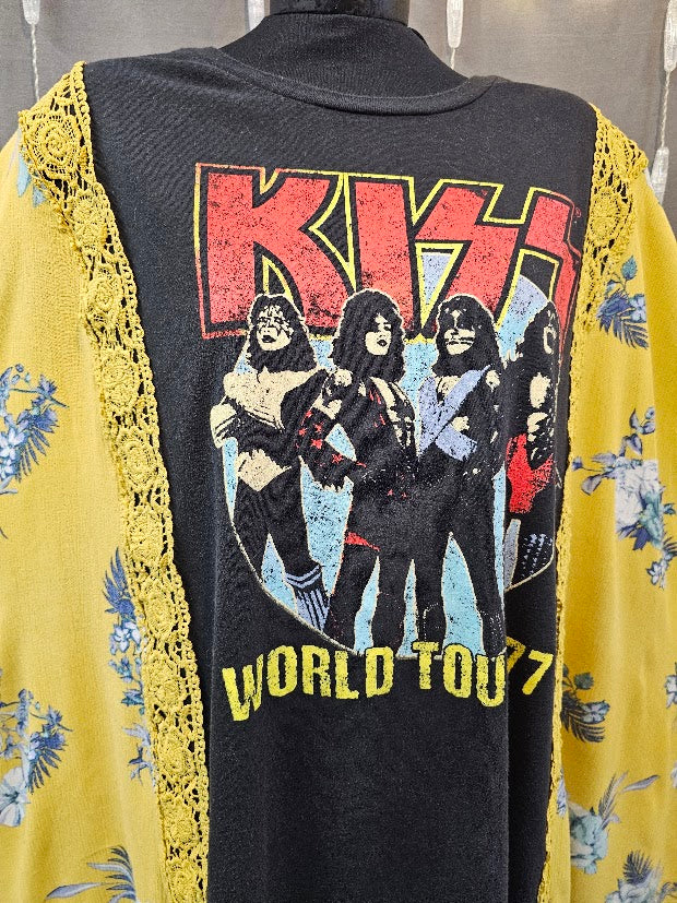 #76 KISS World Tour '77 Lace Trim Kimono Sleeve Poncho Upcycled Top OSFM
