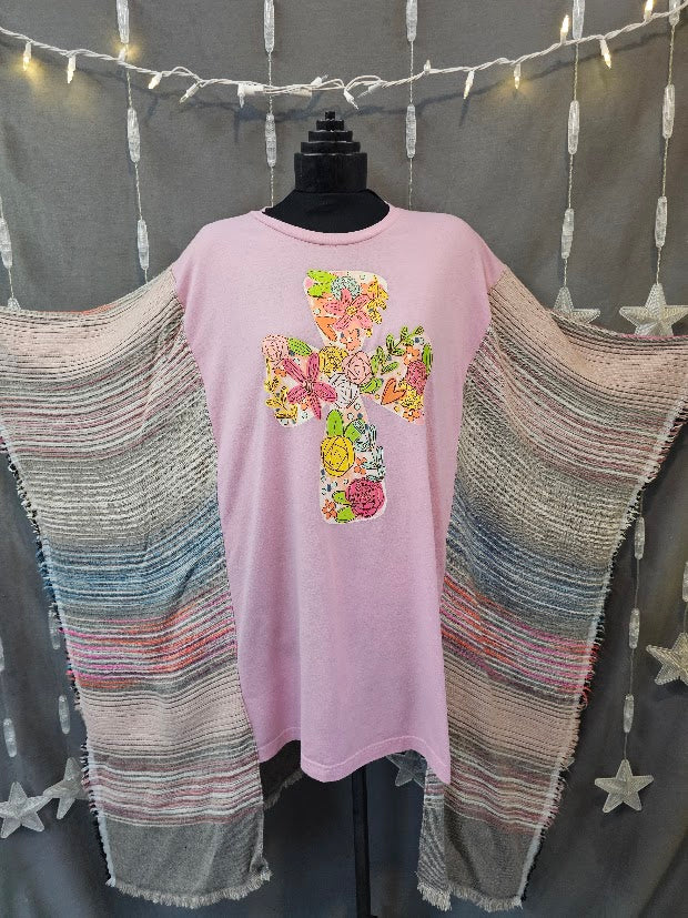 #85 Floral Cross Knit Kimono Sleeve Poncho style upcycle top OSFM