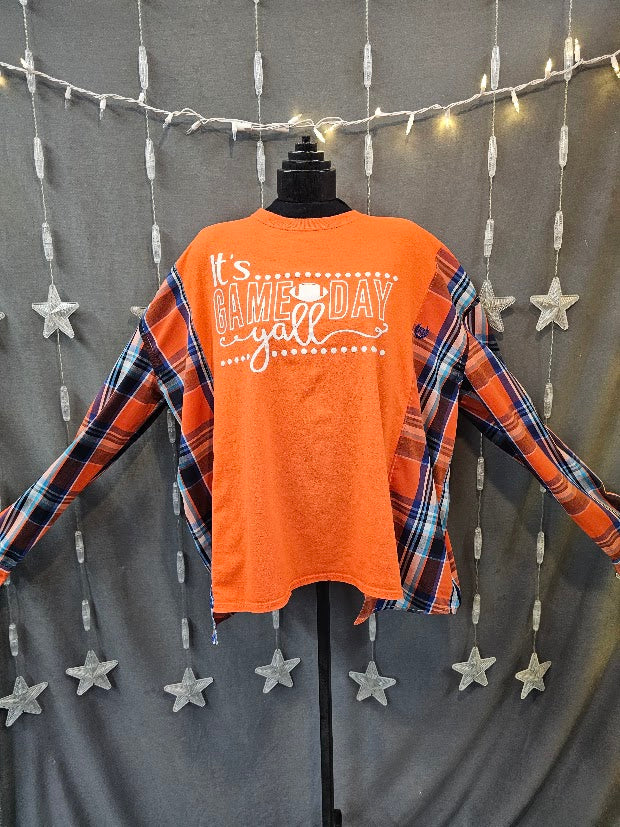 #106 It's Game Day Y'all Graphic Tee & Plaid Sleeve Upcycle – Size Large - 2X