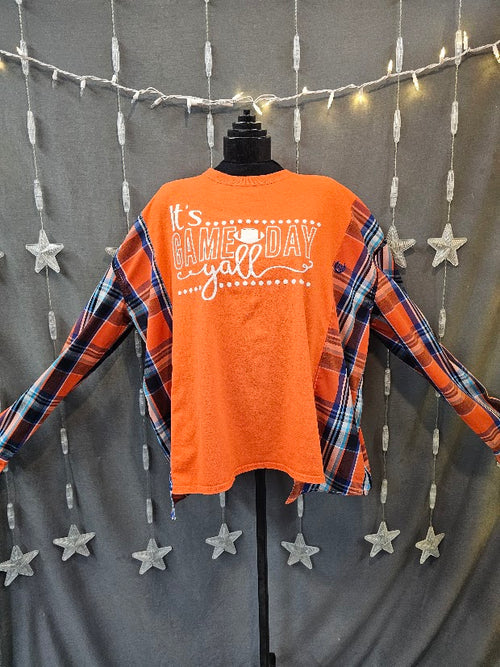 #106 It's Game Day Y'all Graphic Tee & Plaid Sleeve Upcycle – Size Large - 2X