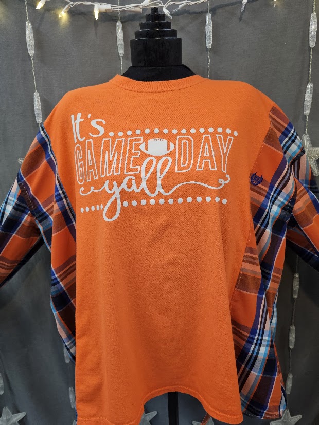 #106 It's Game Day Y'all Graphic Tee & Plaid Sleeve Upcycle – Size Large - 2X