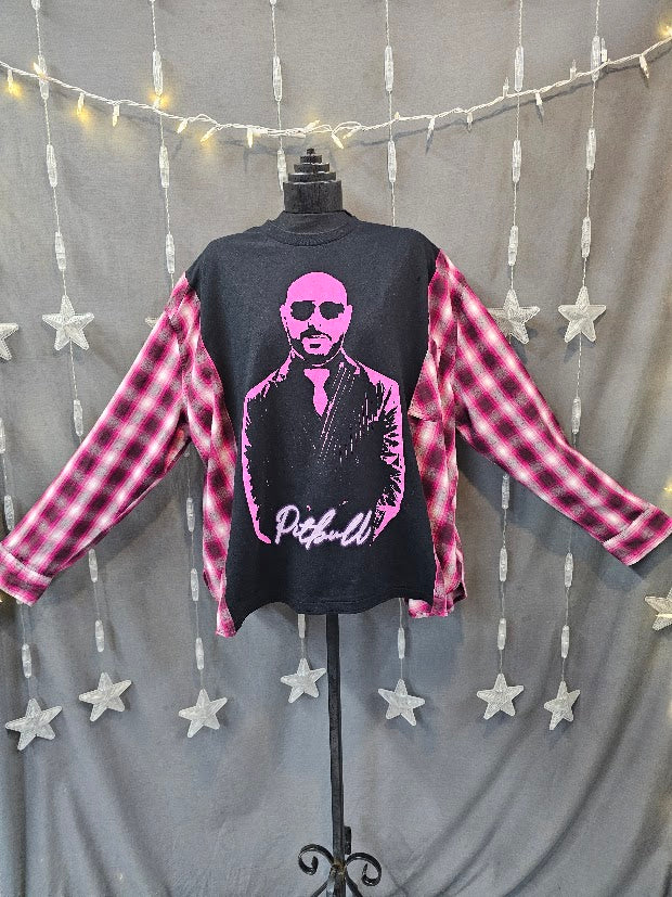 #113 Pitbull Graphic Tee & Pink Plaid Flannel Sleeve Upcycle – Size XL