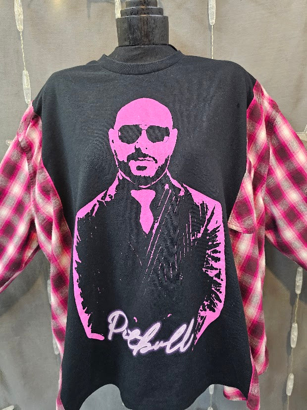 #113 Pitbull Graphic Tee & Pink Plaid Flannel Sleeve Upcycle – Size XL
