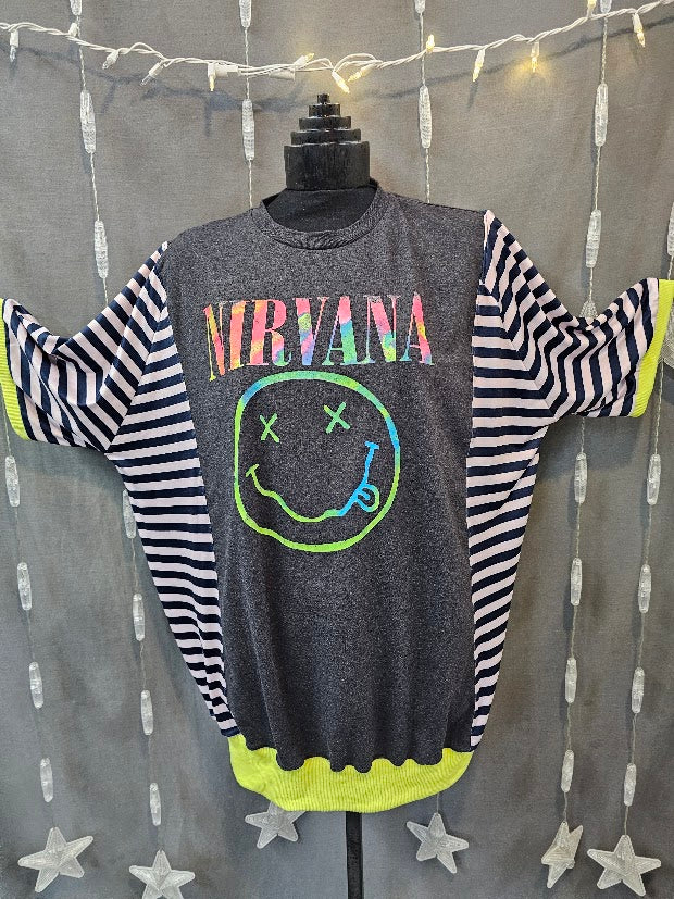 #118 Nirvana Graphic Tee & Striped Sleeve Upcycle with Neon Banded Hem 2X