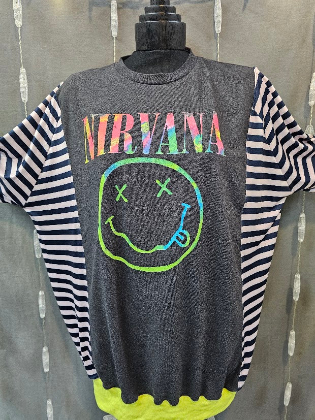 #118 Nirvana Graphic Tee & Striped Sleeve Upcycle with Neon Banded Hem 2X