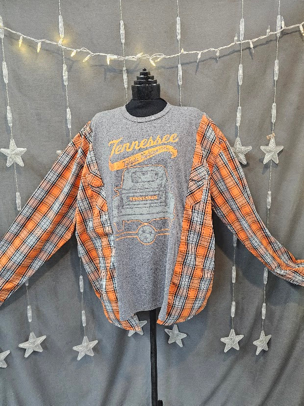 #121 Tennessee Tailgate Tradition Graphic Tee & Plaid Sleeve Upcycle – Size 2/3X
