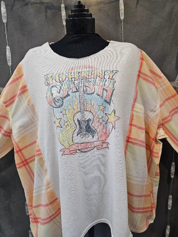 #122 Johnny Cash Man in Black Graphic Tee &  Plaid Sleeve Upcycle – Cut Collar – Size XXL