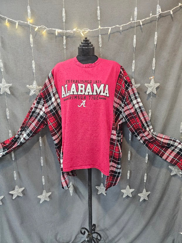 #124 Alabama Crimson Tide Graphic Tee & Plaid Flannel Sleeve Upcycle – Size XL-2X