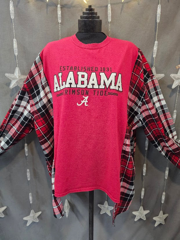 #124 Alabama Crimson Tide Graphic Tee & Plaid Flannel Sleeve Upcycle – Size XL-2X