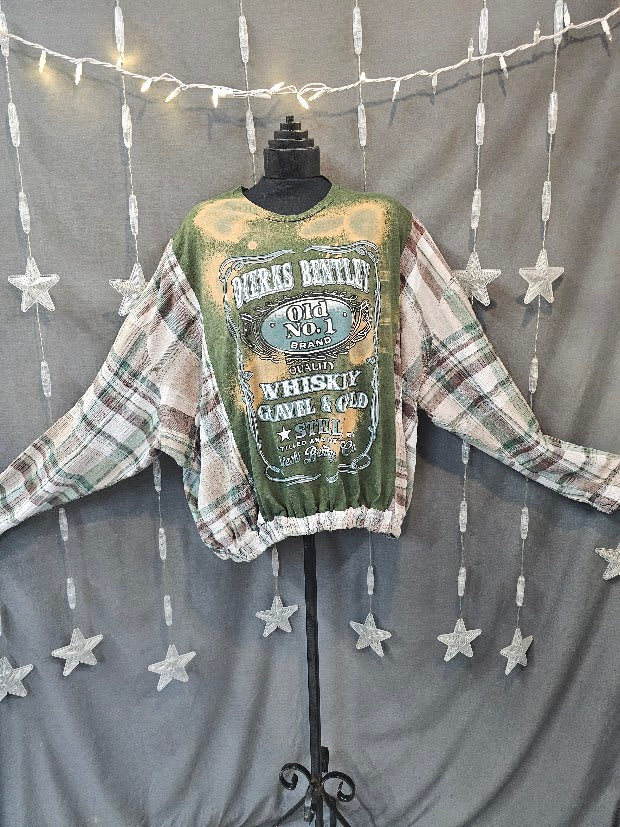 #131 Dierks Bentley Bleached Band Tee & Plaid Flannel Sleeve Upcycle – Elastic Hem – Size 1X