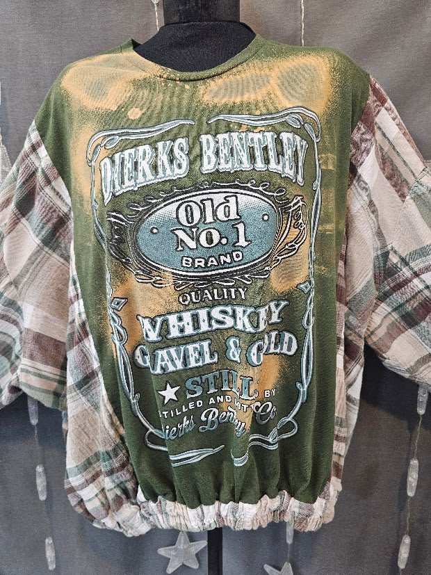 #131 Dierks Bentley Bleached Band Tee & Plaid Flannel Sleeve Upcycle – Elastic Hem – Size 1X