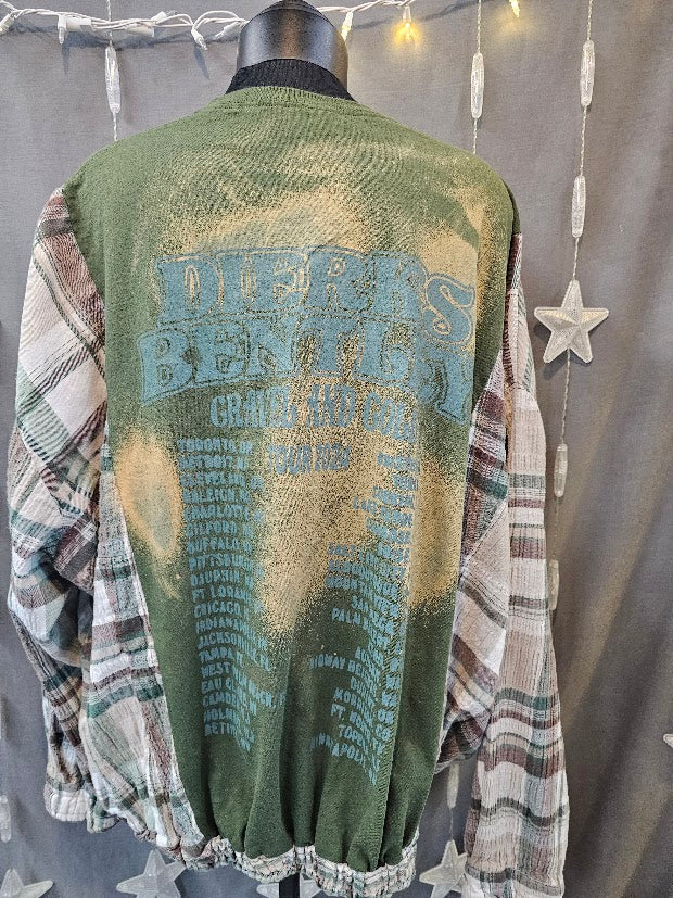 #131 Dierks Bentley Bleached Band Tee & Plaid Flannel Sleeve Upcycle – Elastic Hem – Size 1X