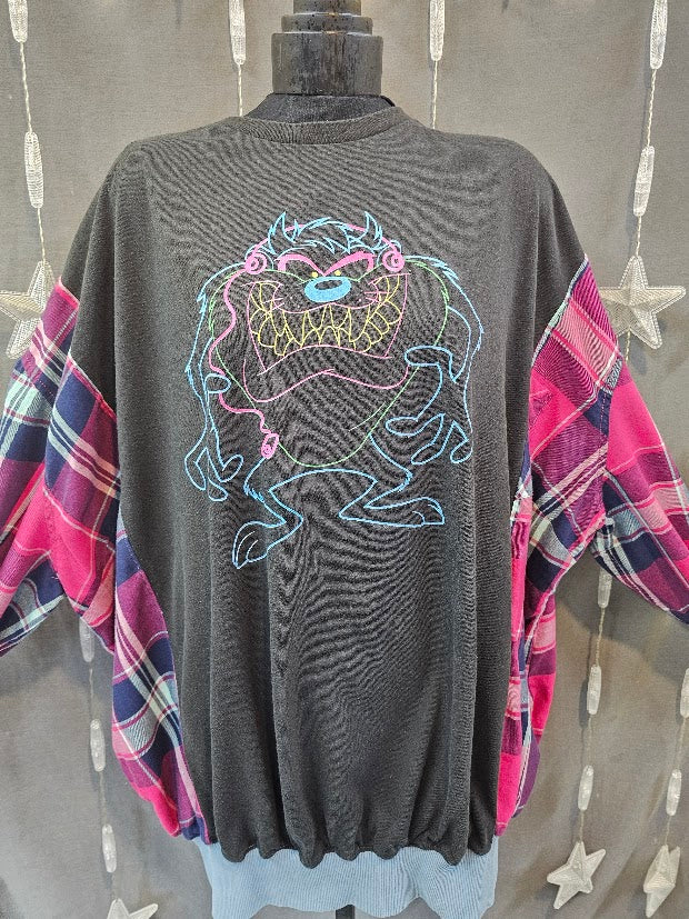 #23 Neon TAZ Flannel Sleeve Upcycled Sweatshirt Tee – 1X/2X