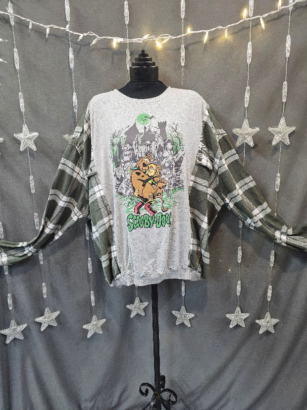 # 39 Spooky Scooby-Doo Flannel Sleeve Upcycled Sweatshirt Tee – Up to 2X Oversized