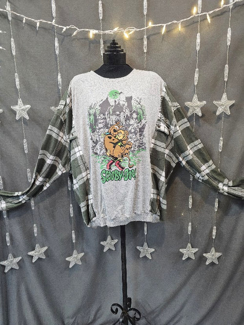 # 39 Spooky Scooby-Doo Flannel Sleeve Upcycled Sweatshirt Tee – Up to 2X Oversized