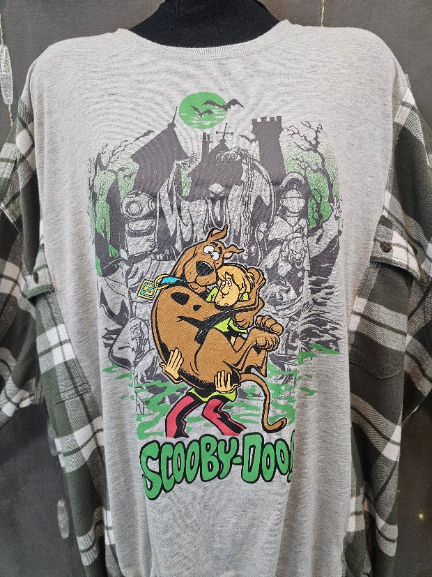 # 39 Spooky Scooby-Doo Flannel Sleeve Upcycled Sweatshirt Tee – Up to 2X Oversized