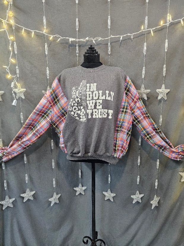 #54 In Dolly We Trust Upcycled Plaid Sleeve Sweatshirt