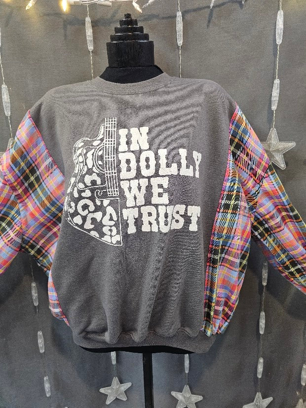 #54 In Dolly We Trust Upcycled Plaid Sleeve Sweatshirt