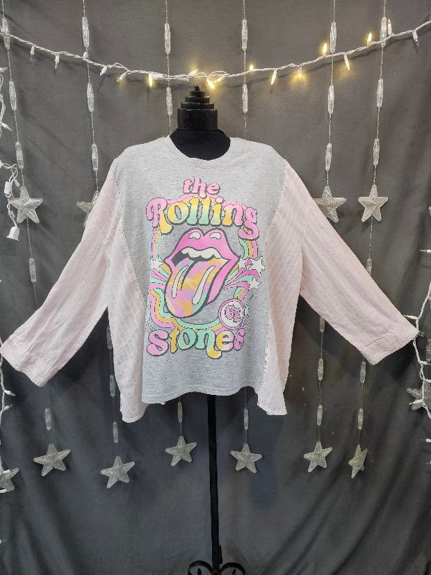 #55 Pastel Rolling Stones Upcycled 3/4 Sleeve Tee – XL/1X