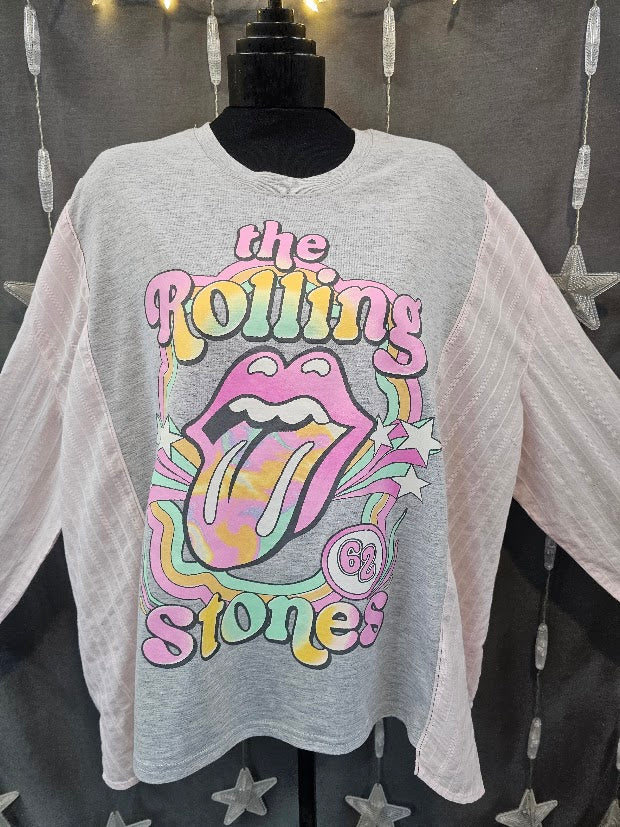 #55 Pastel Rolling Stones Upcycled 3/4 Sleeve Tee – XL/1X