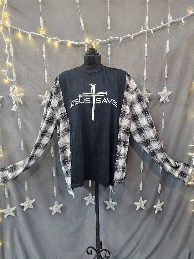 #62 Jesus Saves Upcycled Black & White Plaid Flannel Sleeve Tee – XL