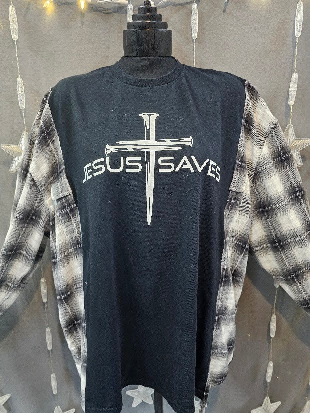 #62 Jesus Saves Upcycled Black & White Plaid Flannel Sleeve Tee – XL