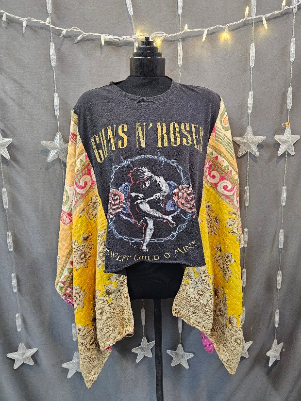 #122 Guns N' Roses Kantha Poncho Upcycled Crop Tee – One Size Fits Most