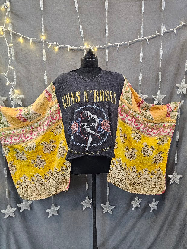 #122 Guns N' Roses Kantha Poncho Upcycled Crop Tee – One Size Fits Most