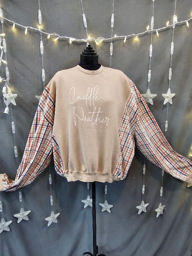 #124 Cuddle Weather Upcycled Plaid Sleeve Sweatshirt – 2XL