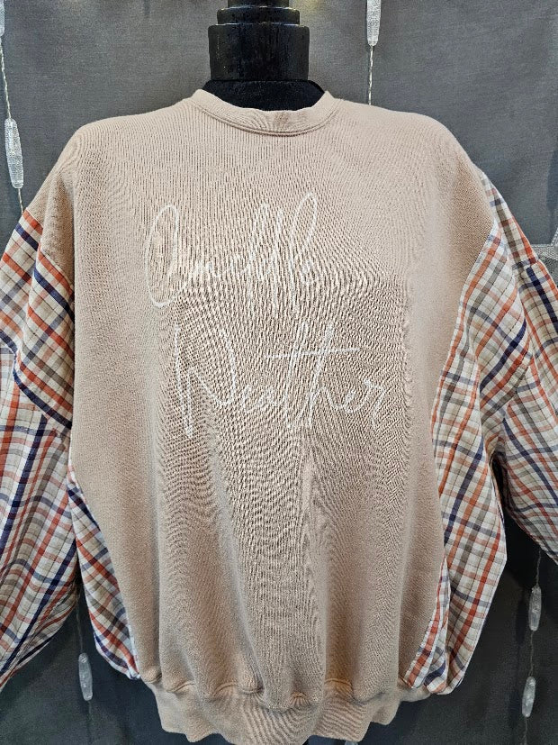 #124 Cuddle Weather Upcycled Plaid Sleeve Sweatshirt – 2XL