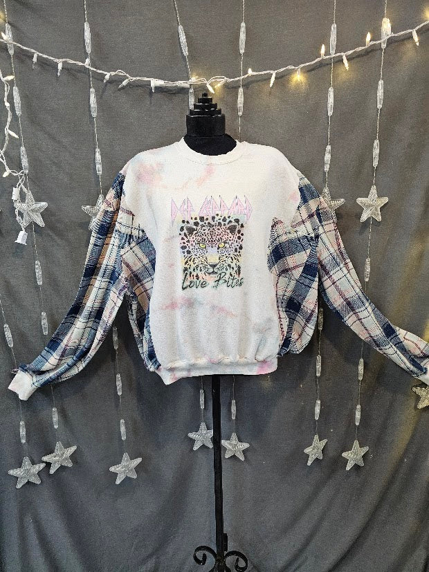 #125 Def Leppard Love Bites Tie Dye Upcycled Flannel Sleeve Sweatshirt – 2X