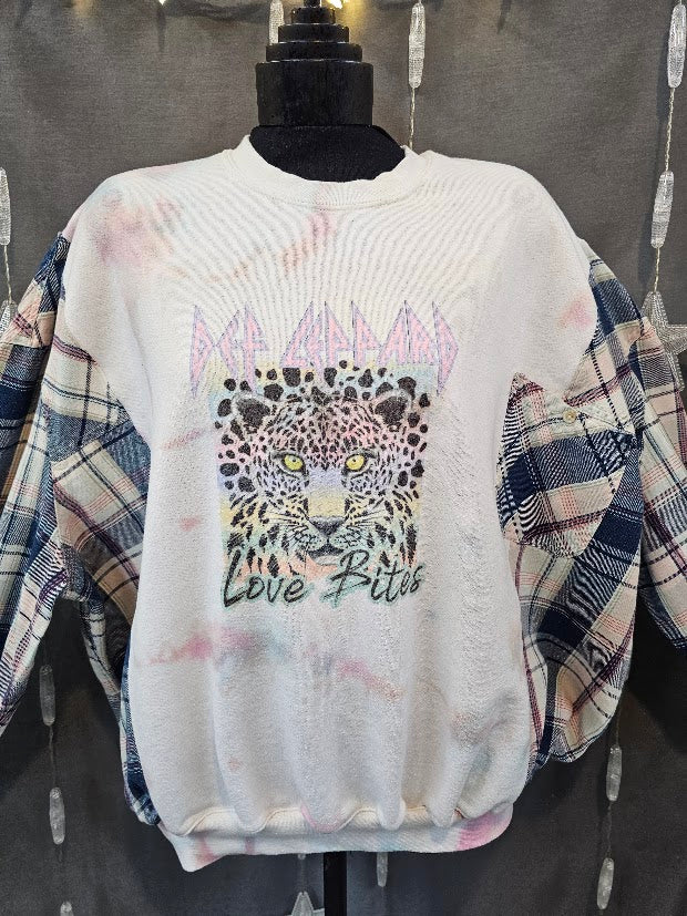 #125 Def Leppard Love Bites Tie Dye Upcycled Flannel Sleeve Sweatshirt – 2X