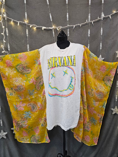 # 129 Nirvana Band Tee Kimono Upcycle Poncho – OSFM