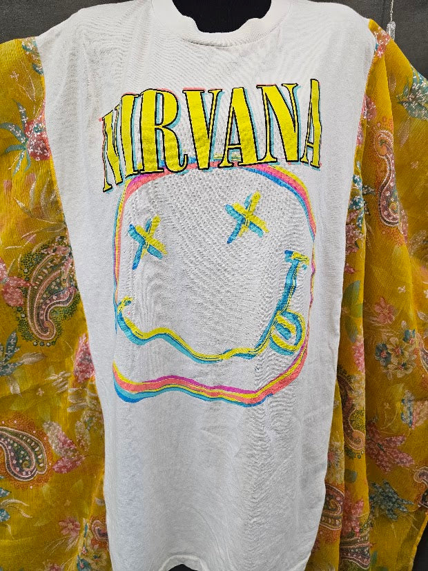 # 129 Nirvana Band Tee Kimono Upcycle Poncho – OSFM