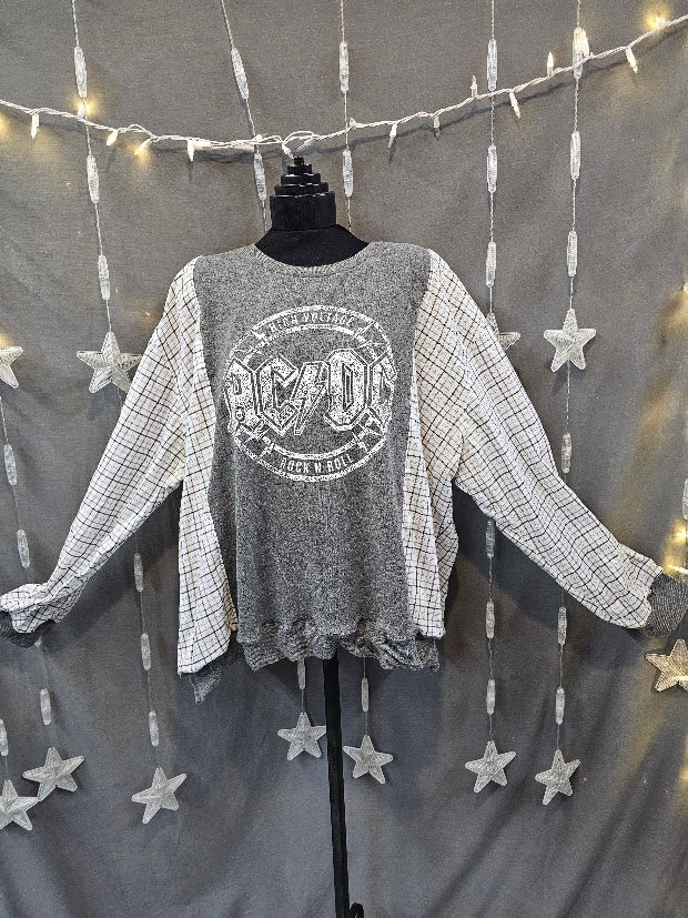 #134 AC/DC High Voltage Upcycled Flannel Sweatshirt – Size 2X